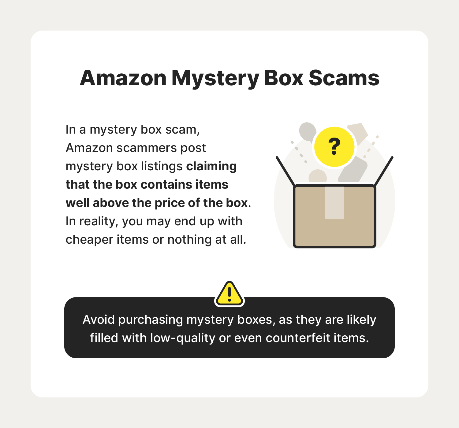 A graphic showcases mystery box scams, a popular type of Amazon scam.