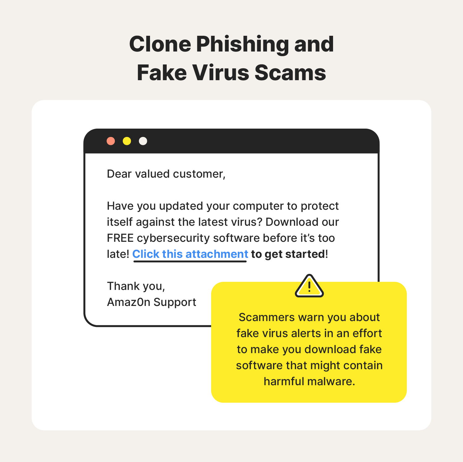 Illustrated example of a clone phishing fake virus scam.
