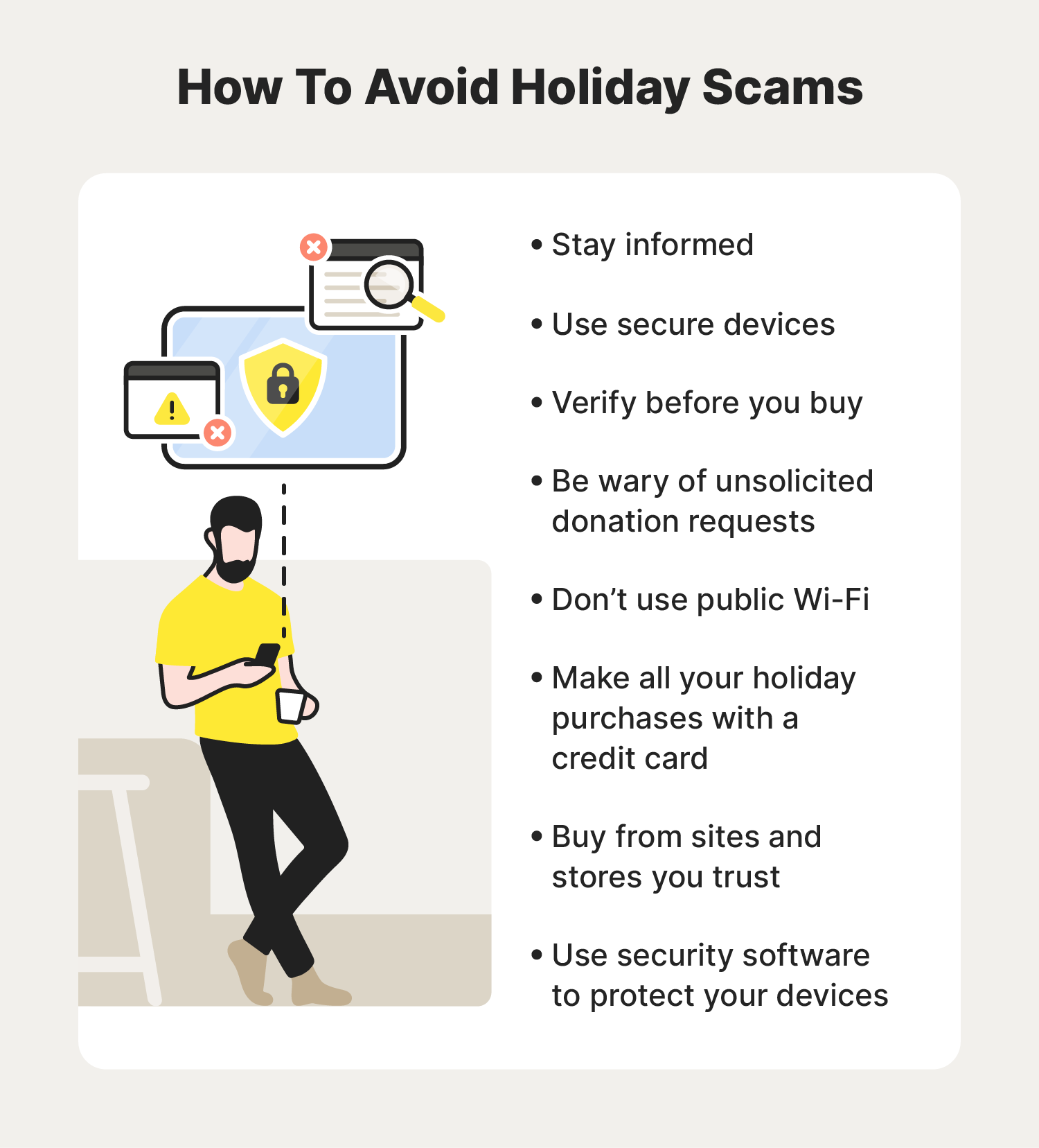  Illustrated chart with tips for how to avoid holiday scams.