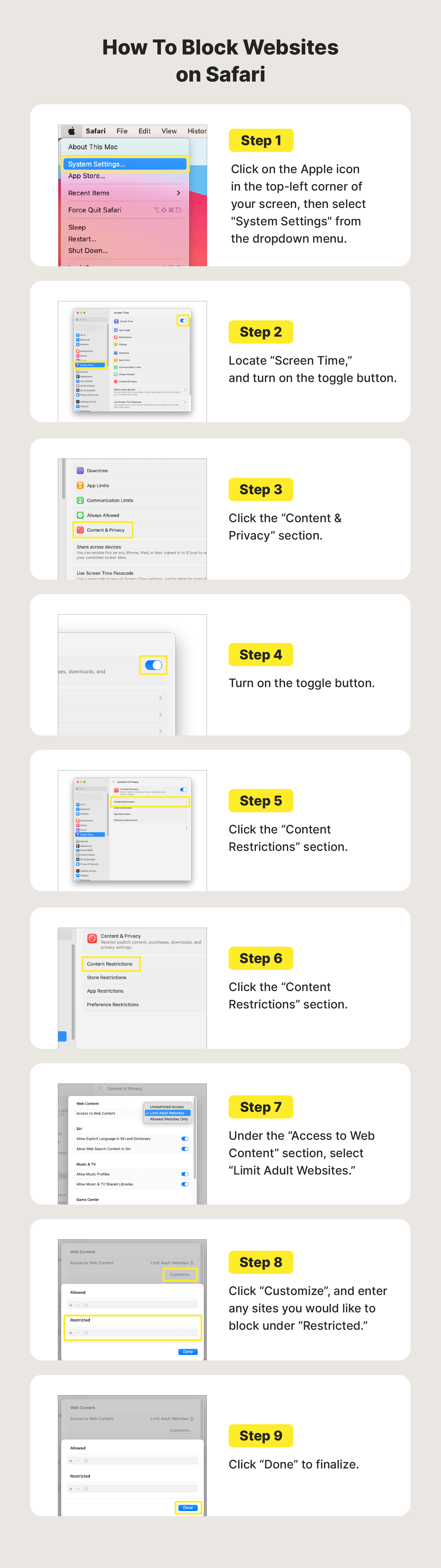 Step-by-step list showing how to block websites on Safari