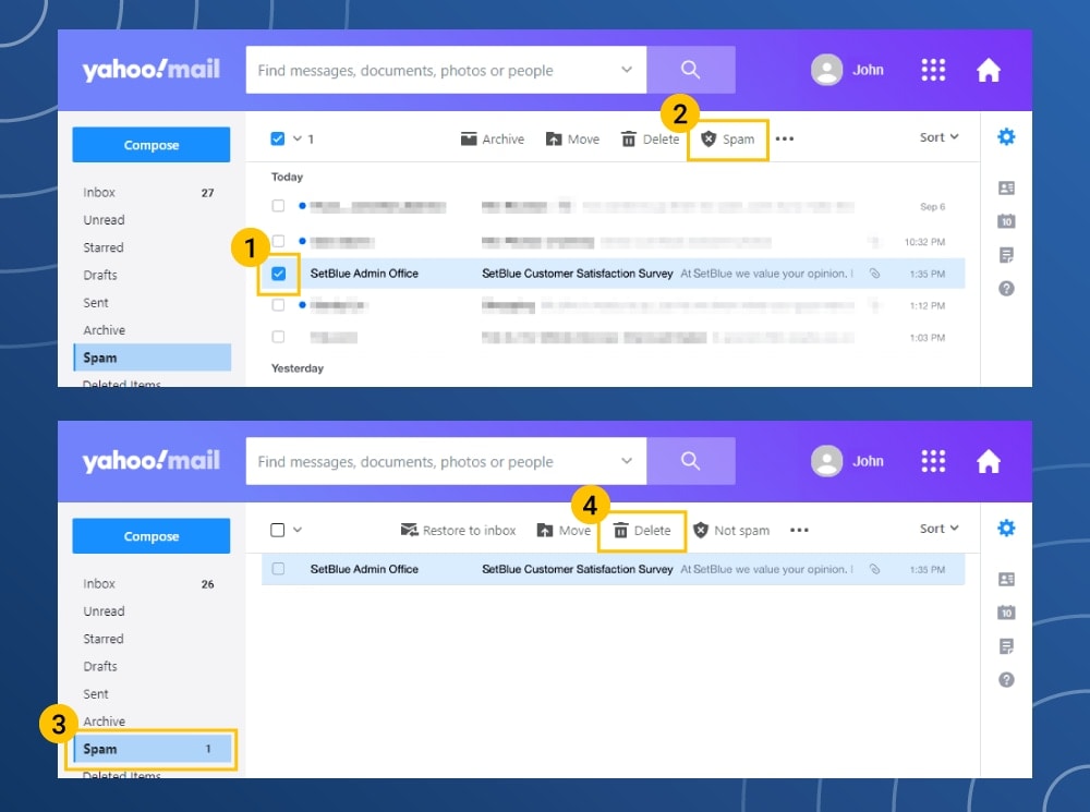 how to delete spam from yahoo mail