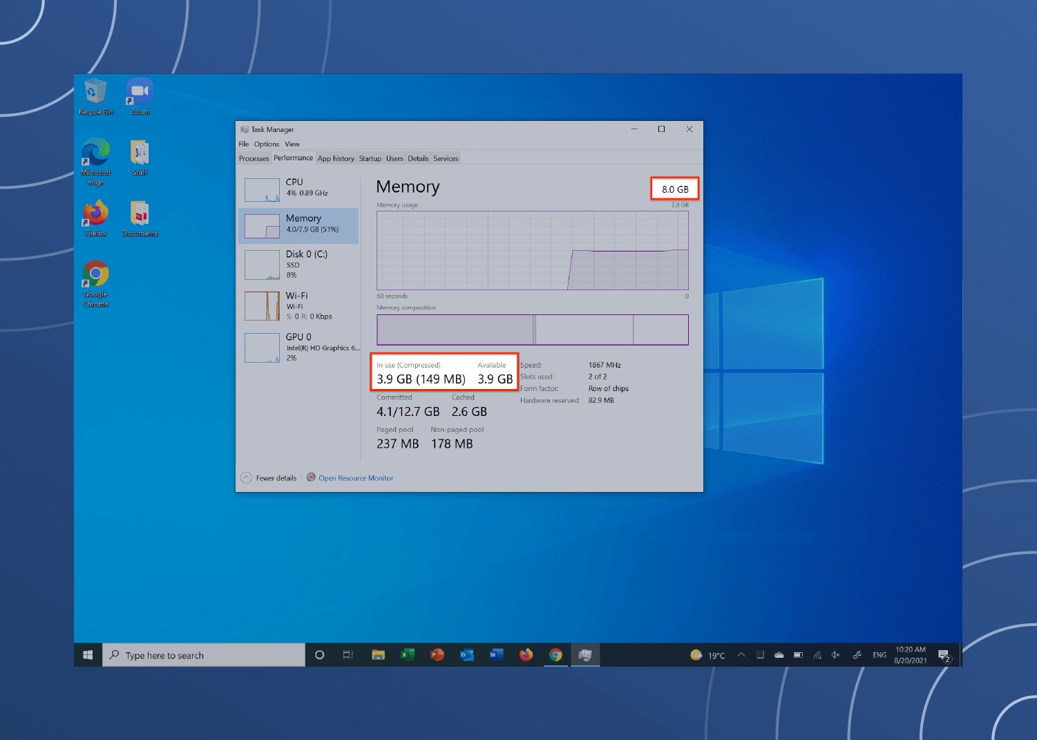Screenshot of a Windows computer showing how to free up RAM by checking how much the computer currently has.
