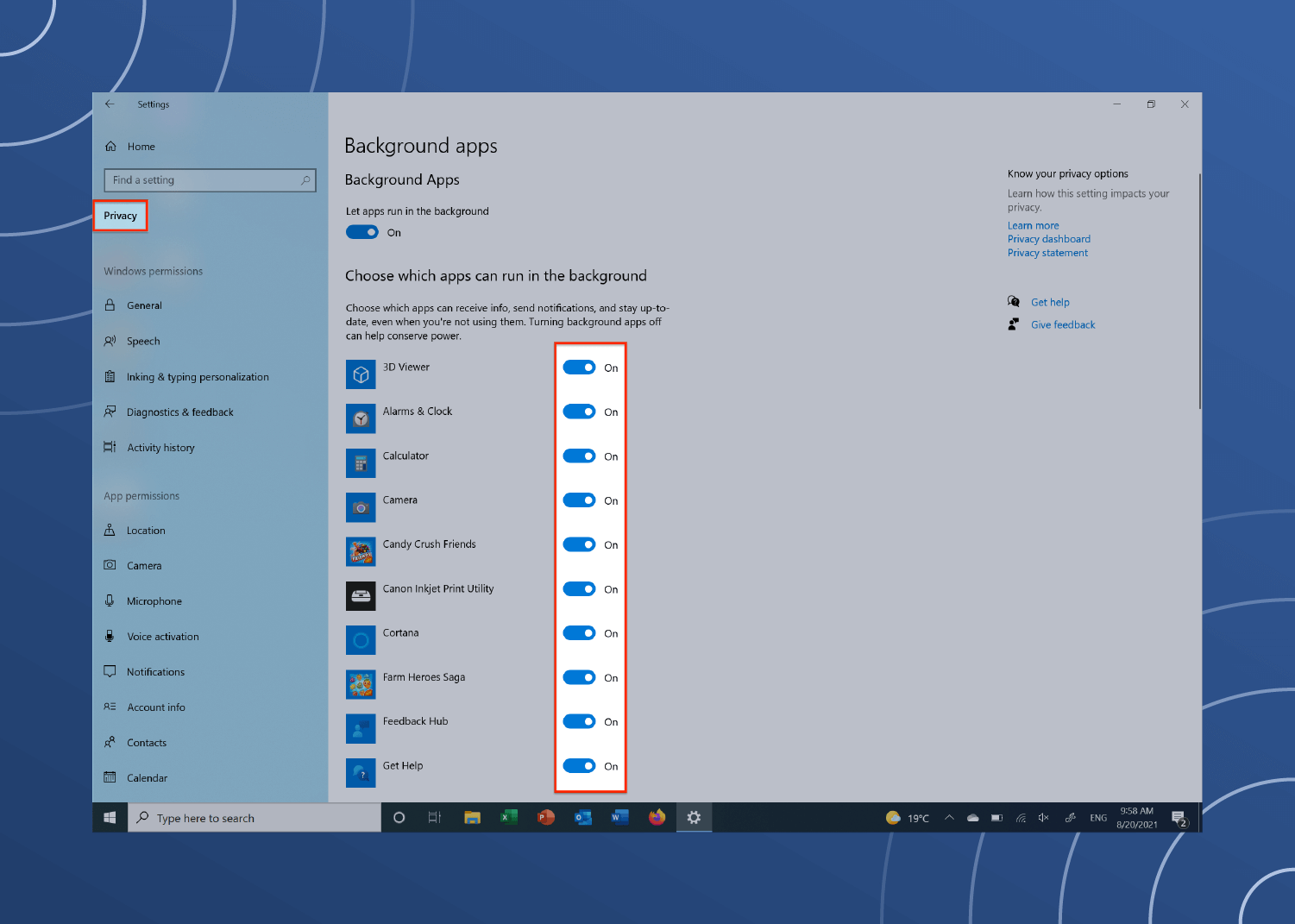 Screenshot of a Windows computer showing how to free up RAM by turning off background apps.