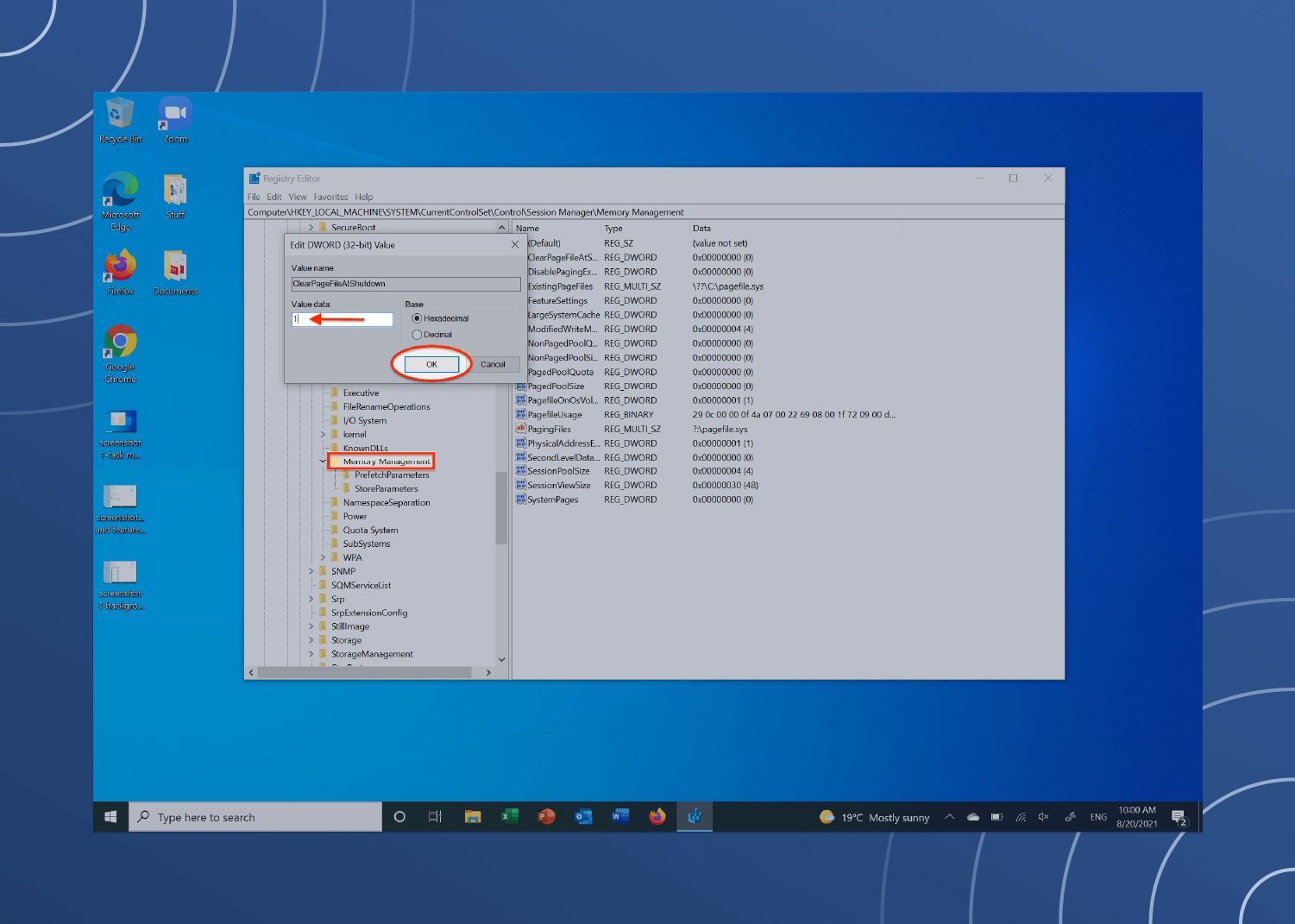 Screenshot of a Windows computer showing how to free up RAM by wiping the Page FIle before restarting.