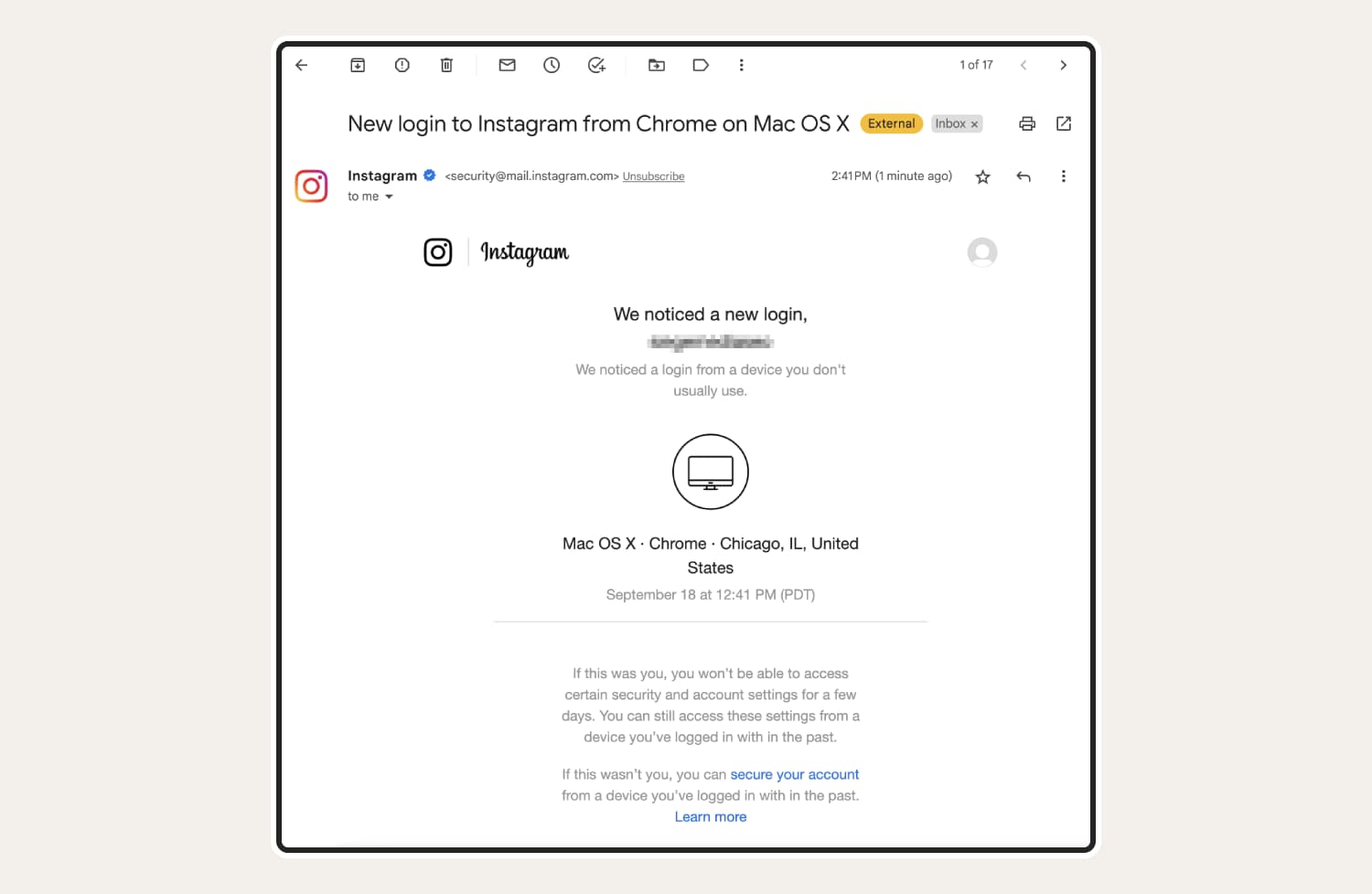 Screenshot of a new login email when an Instagram hack has occurred.