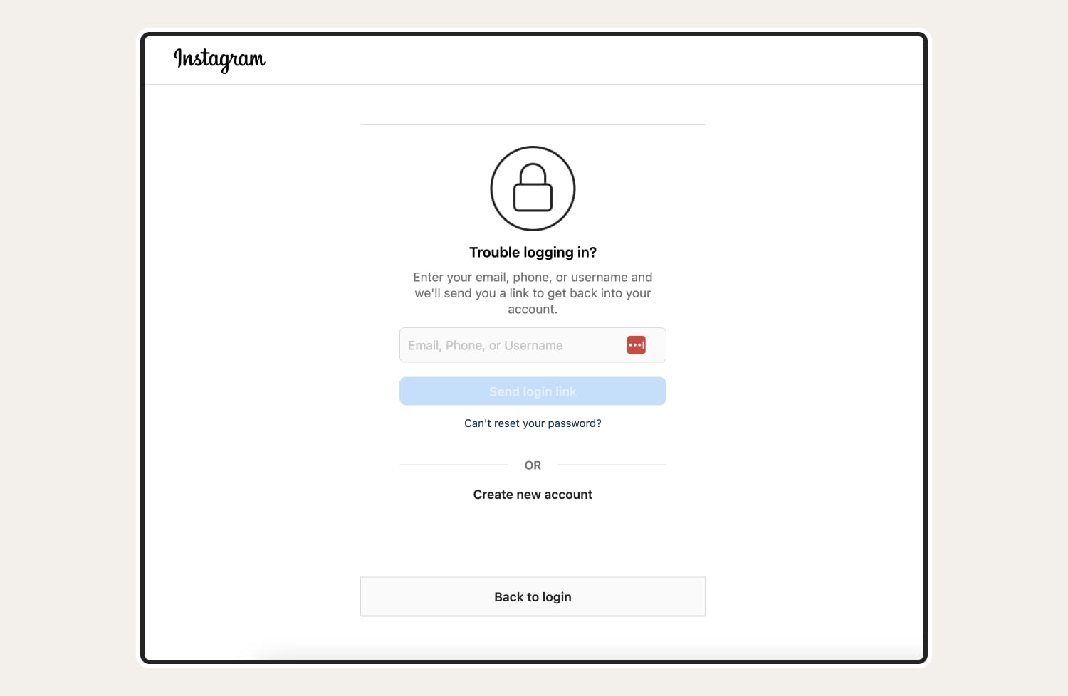 Screenshot of the login link screen you see when an Instagram hack has occurred and you can’t log in. 