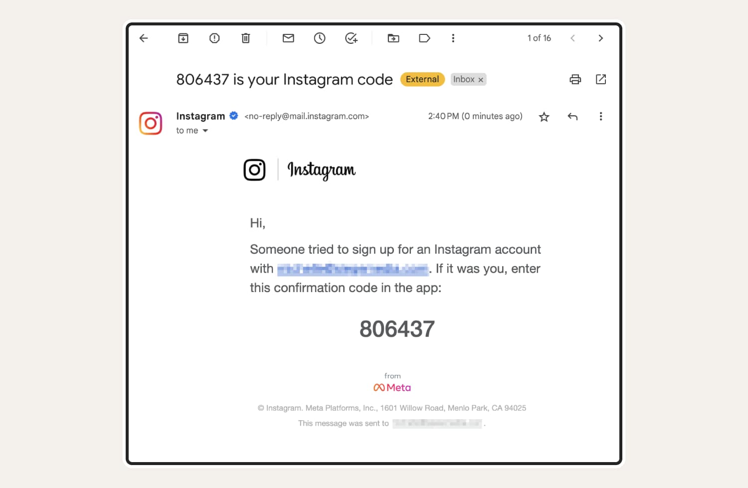 Screenshot of a security code email when an Instagram hack has occurred. 