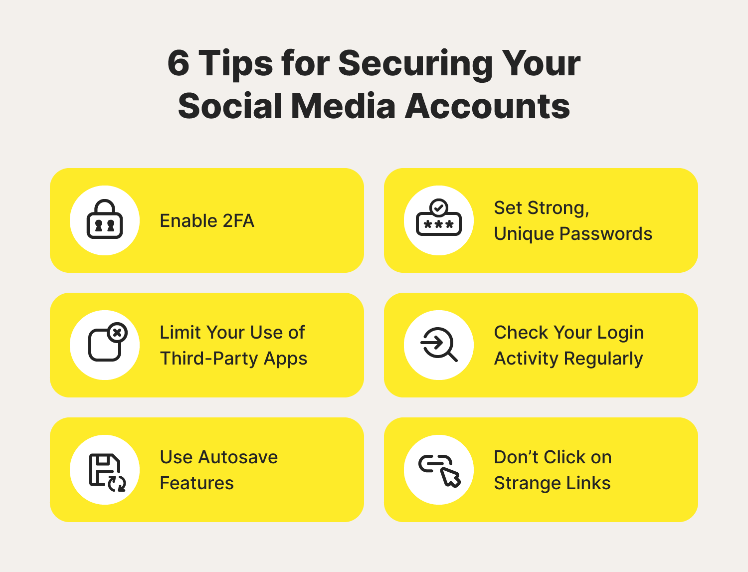 Illustrated chart covering tips for securing social media accounts to avoid being hacked.