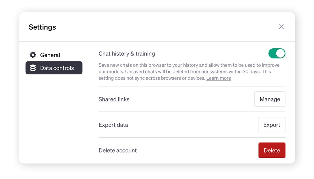 The ChatGPT data settings allow you to turn off chat history so that your chats can't be used to further train the AI.
