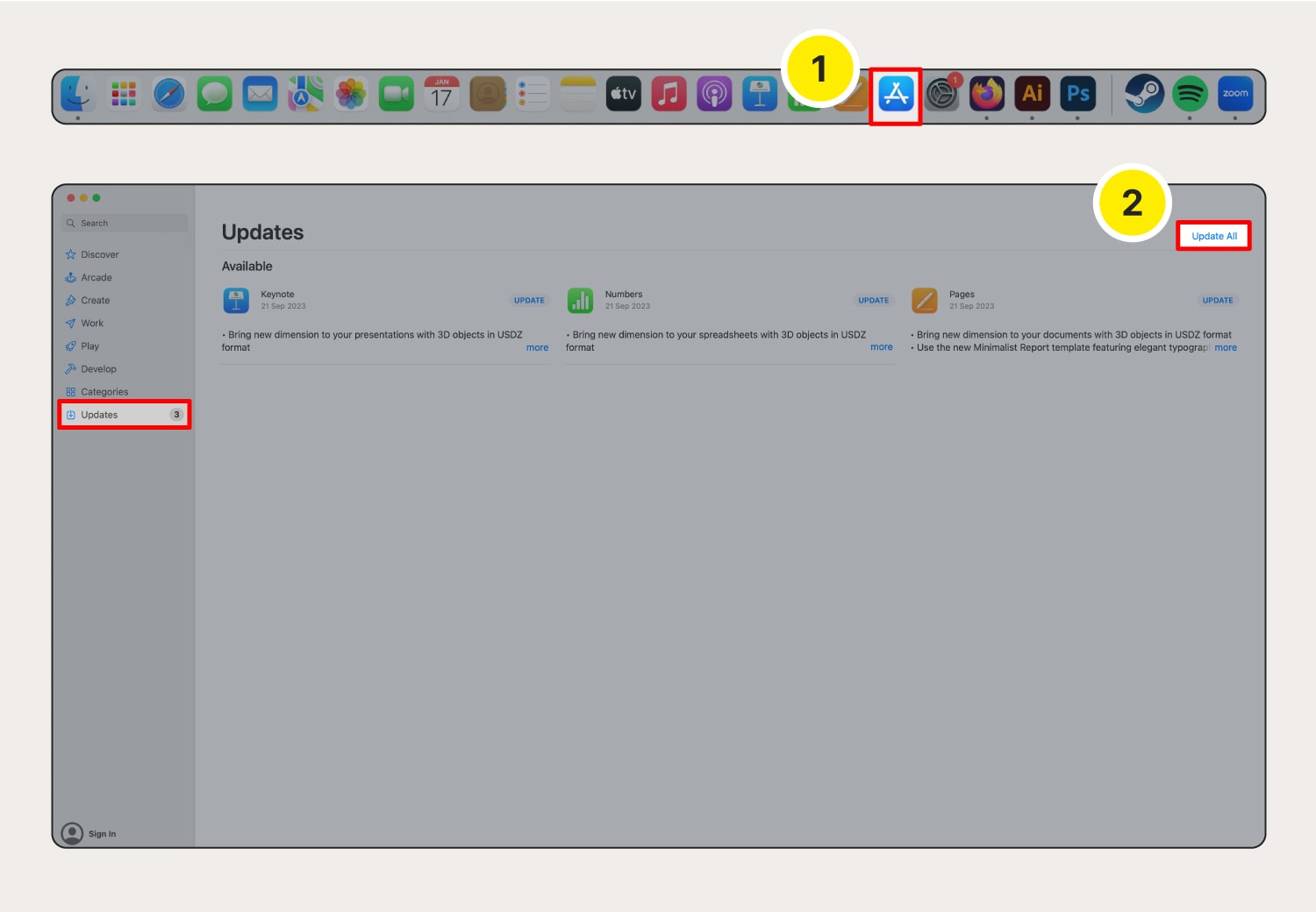 Screenshot showing how to install software updates on Mac.