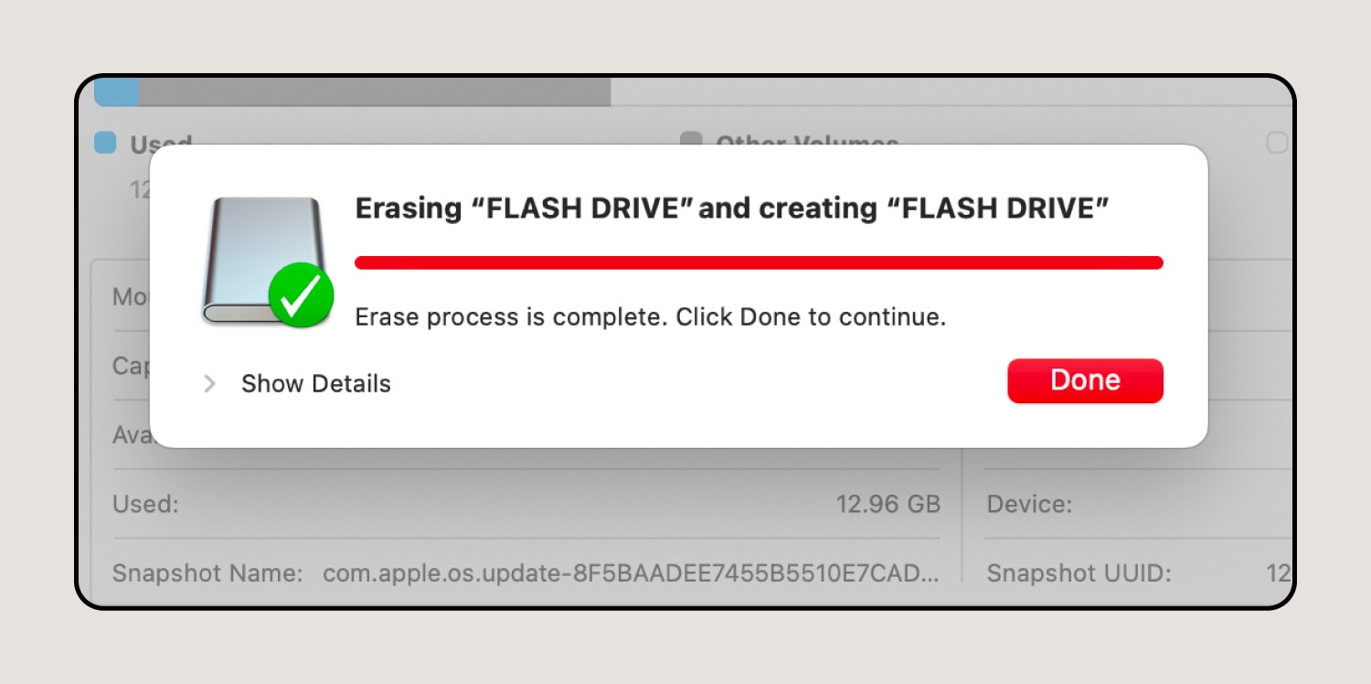 Screenshot showing a Mac device formatting, rewriting, and renaming a flash drive.