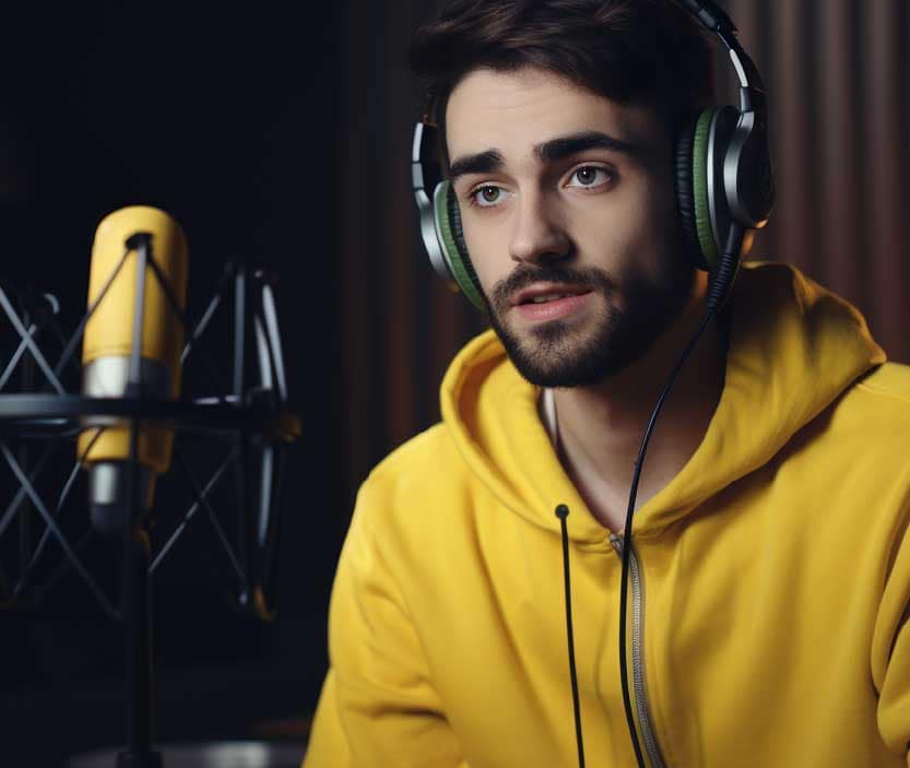 AI-generated image of a man wearing a yellow sweatshirt in front of a microphone asking what are deepfakes?