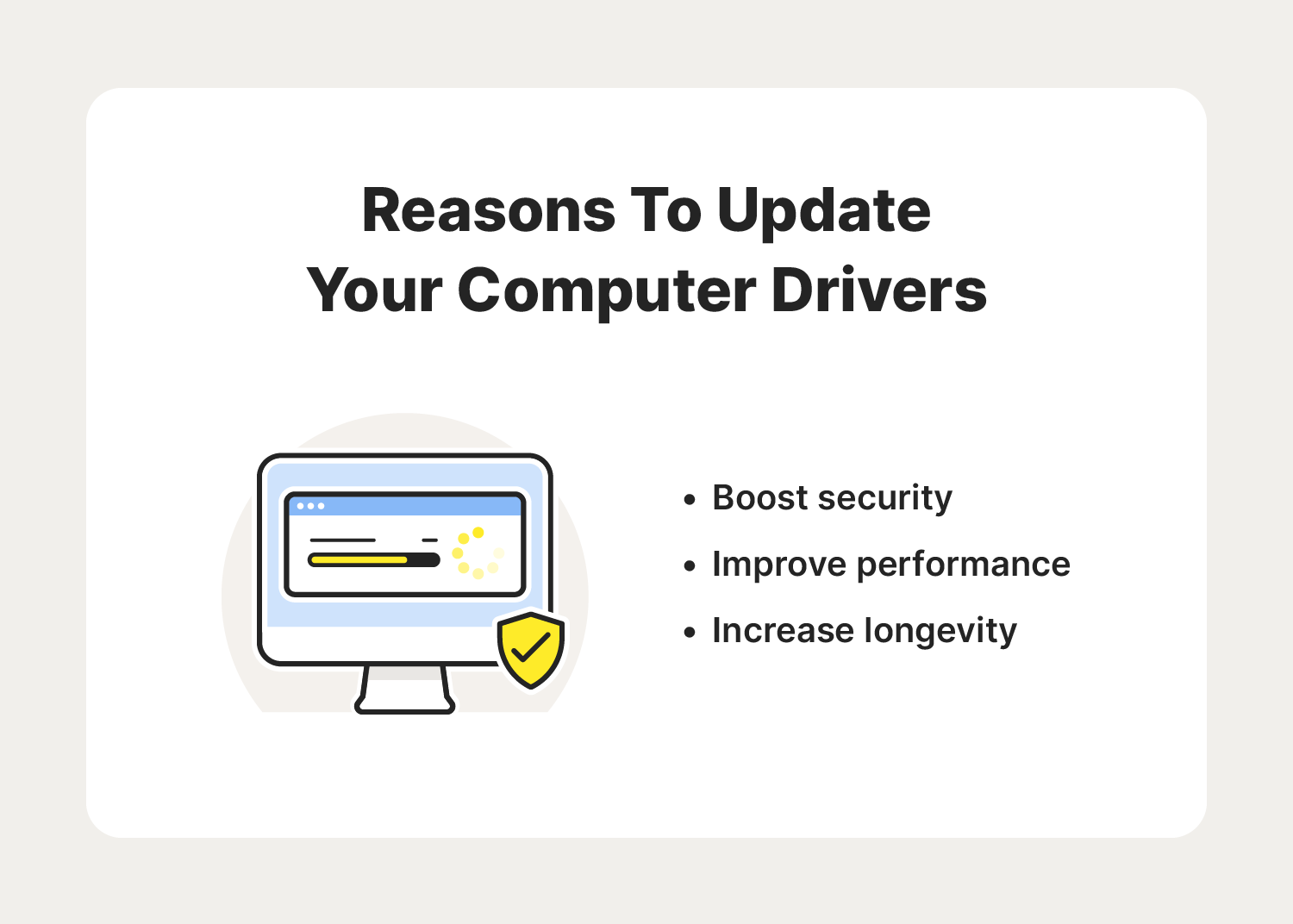 An image displays three reasons to update your computer drivers, further answering the question, "What is a computer driver?"