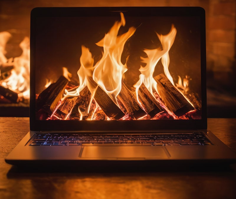A laptop computer overheating with an image of a fire on the screen.