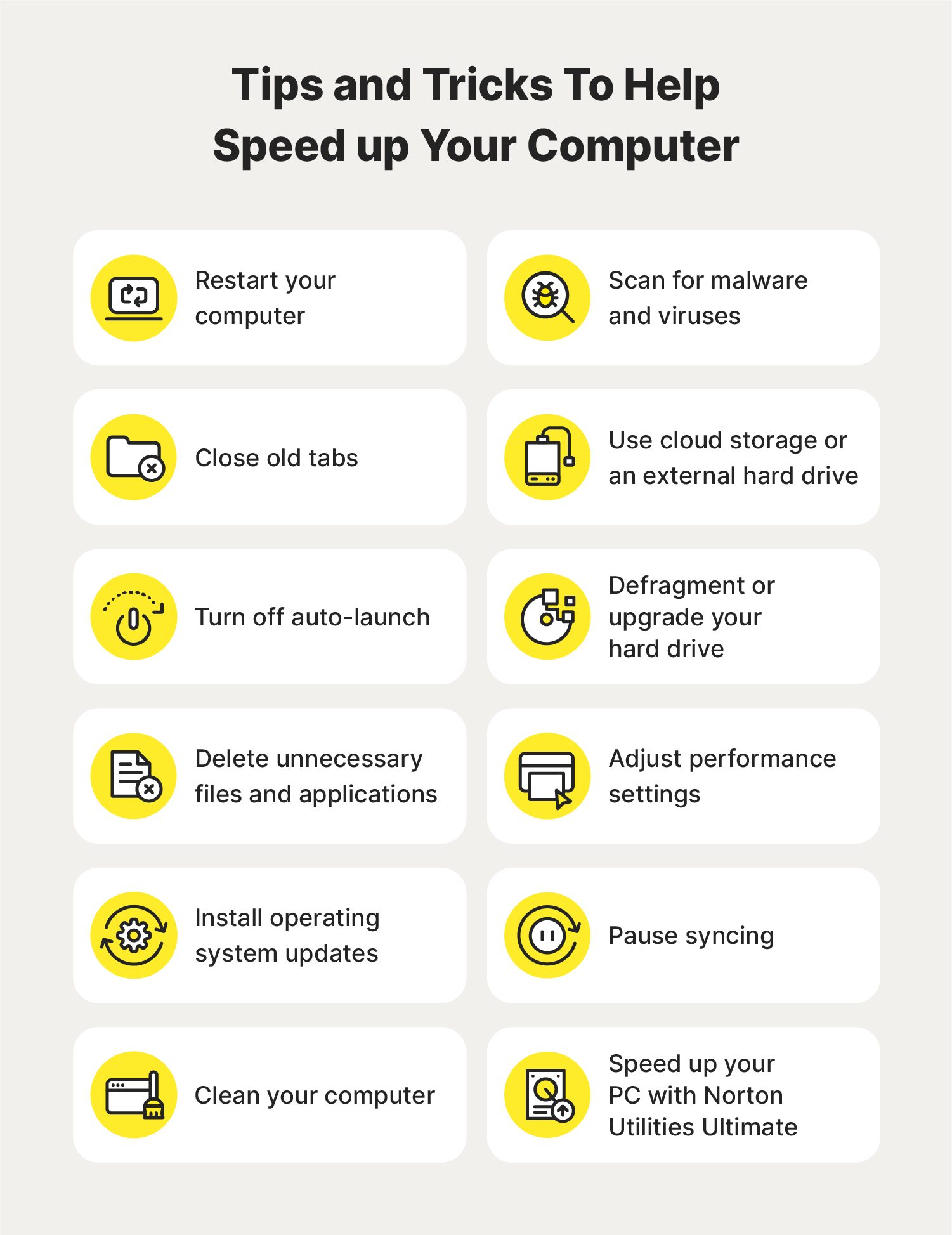 A list of strategies to help speed up your computer and improve overall performance.