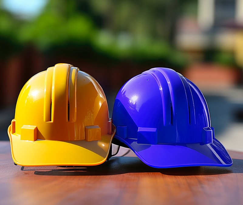 An image of a yellow hard hat and a blue hard hat, representing Norton and Malwarebytes respectively.