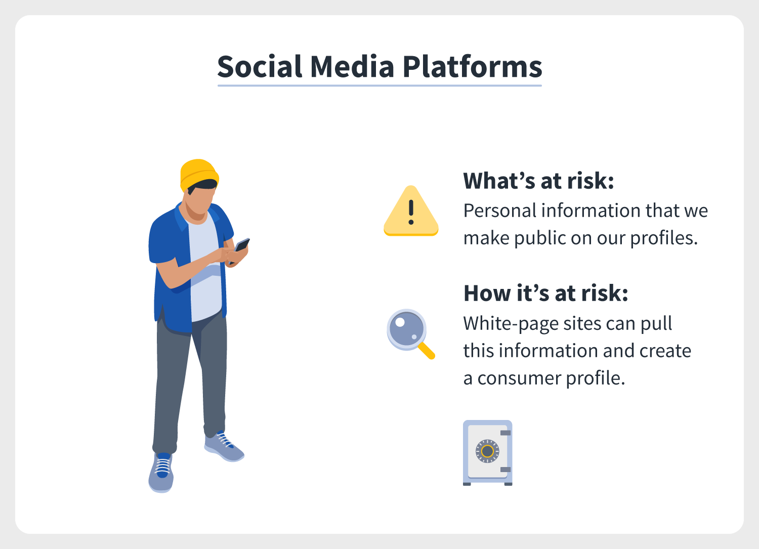 an illustration of a person on a phone using social media, indicating that they’re giving up some of their online privacy even if they don’t mean to, which is the privacy paradox