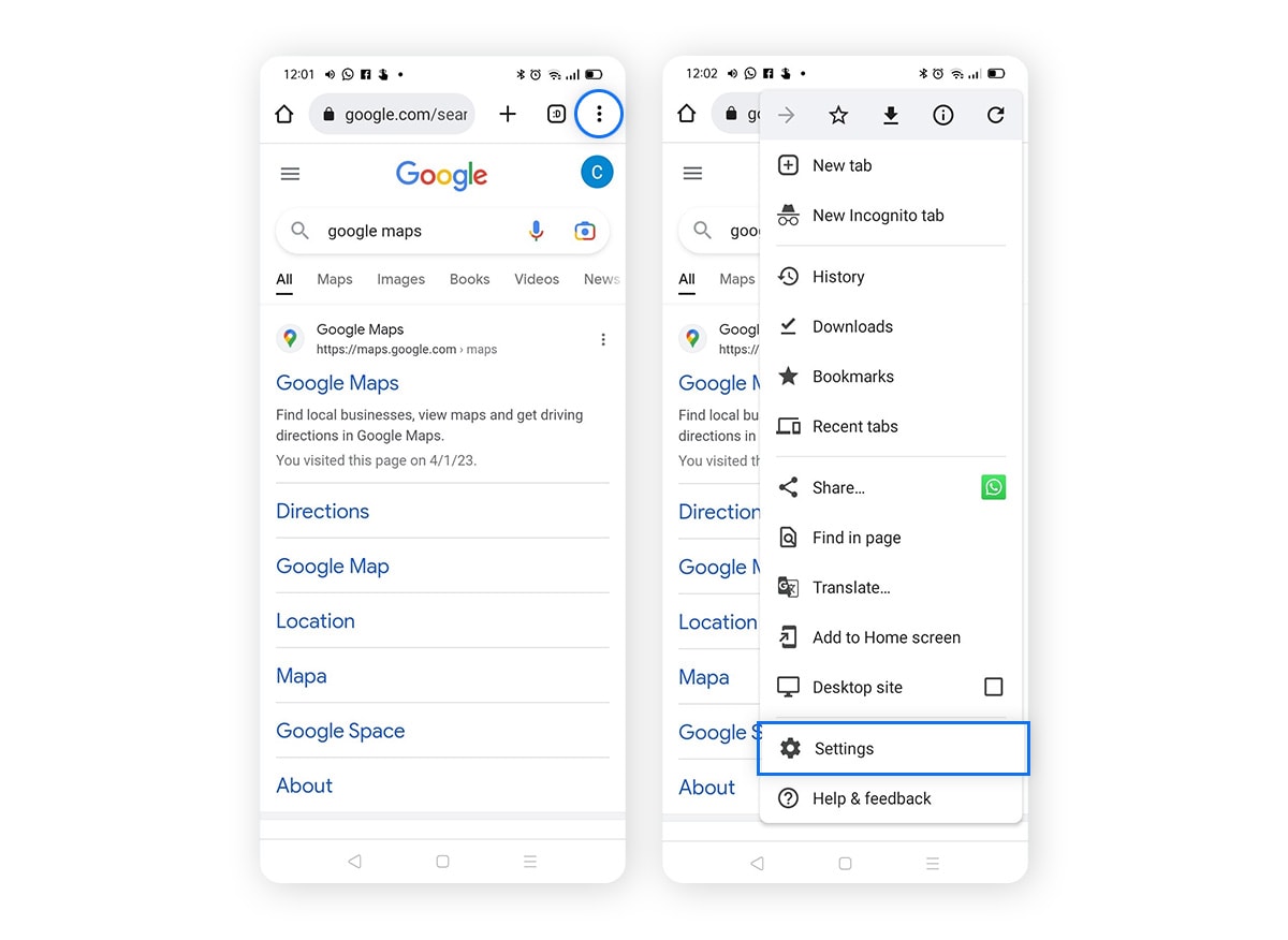 Opening Google Chrome Settings on Android. 
