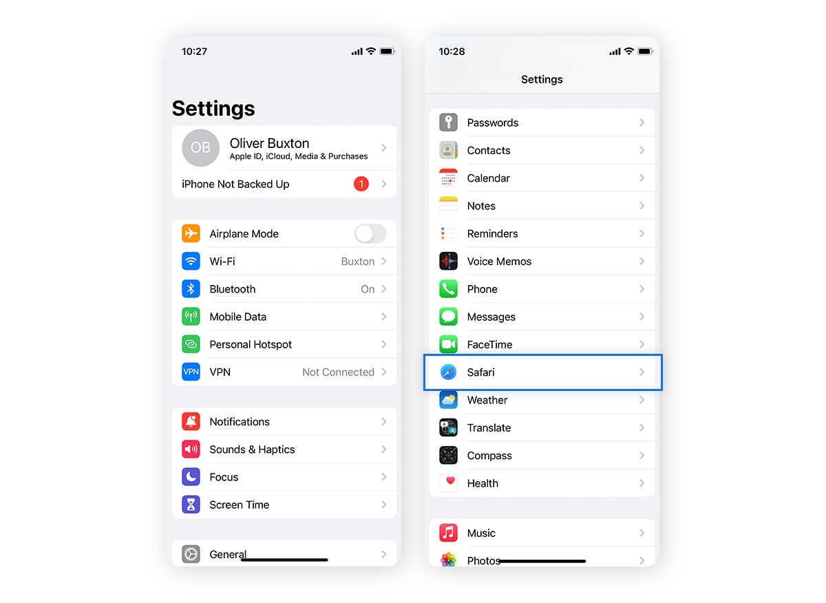 Accessing the Safari browser menu in iOS device Settings.