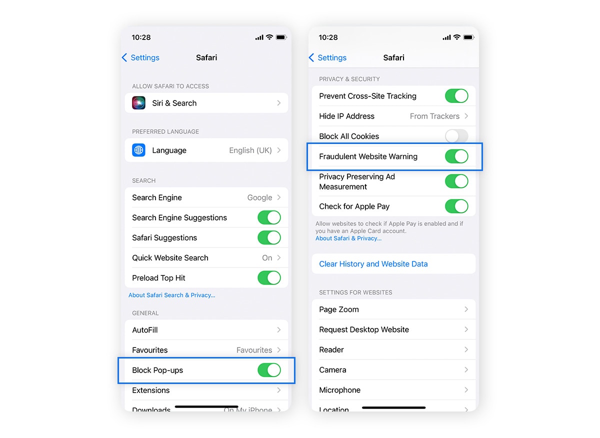 Enabling Block pop-ups and Fraudulent Website Warning in Safari for iOS.