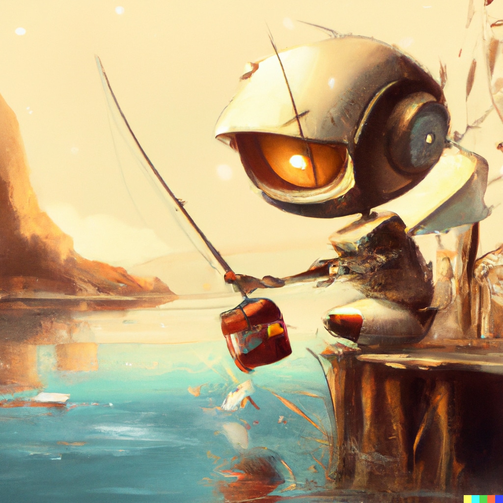 This AI generated image shows a robot fishing. 