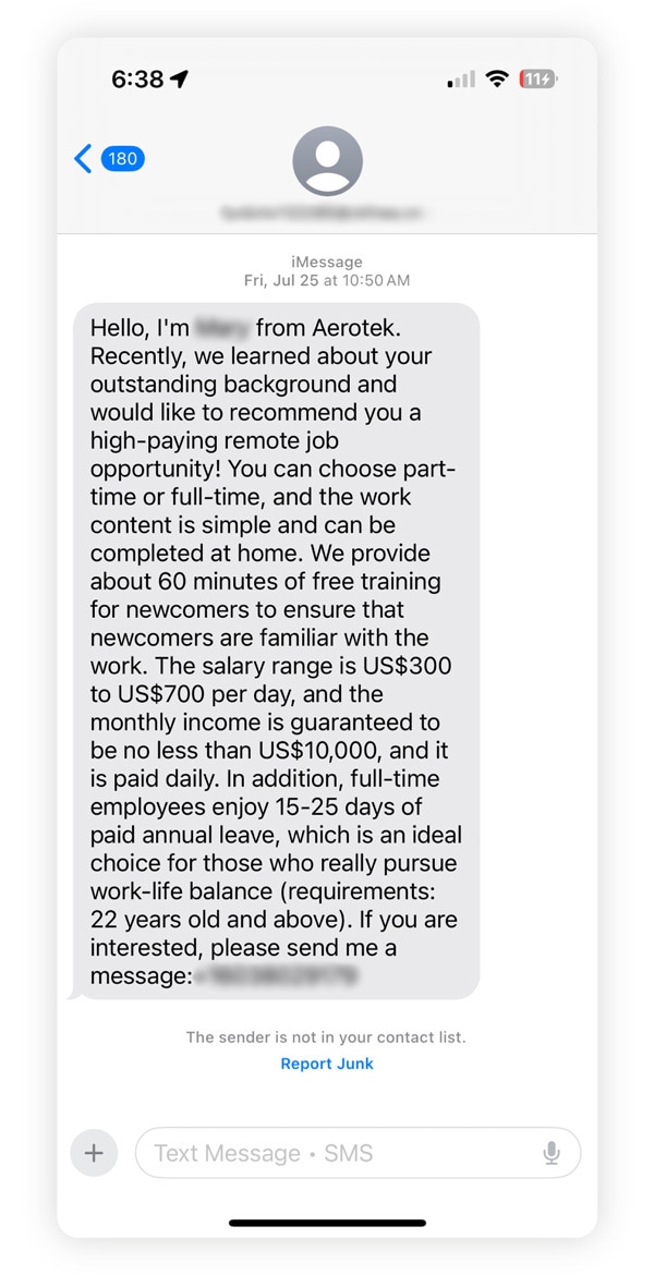 Screenshot of an AI-driven phishing text claiming to be a recruiter offering a position at Aerotek.