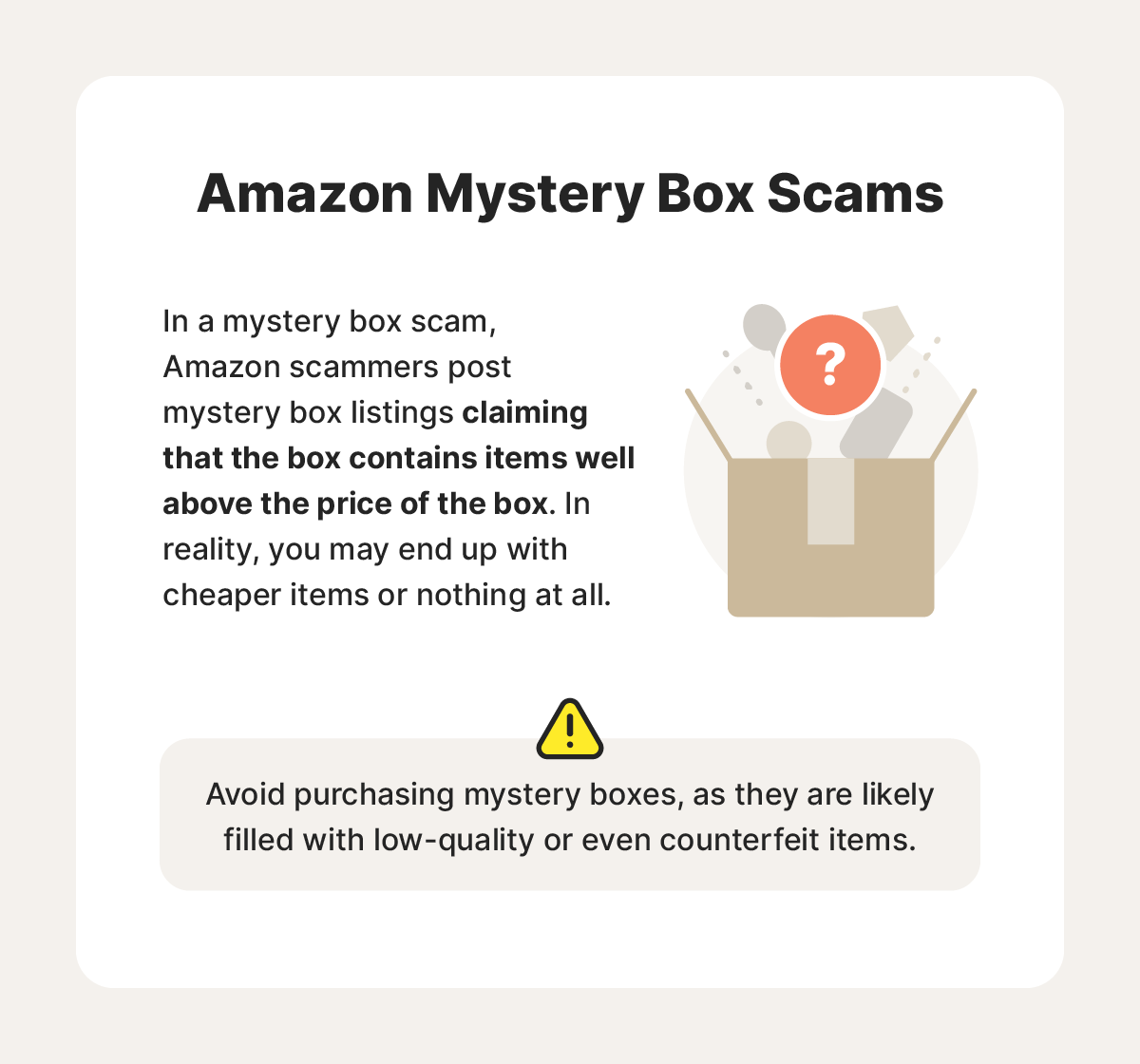 A brief description of a mystery box scam with a parcel icon.