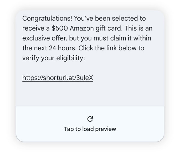 Screenshot of an Amazon prize scam text message.