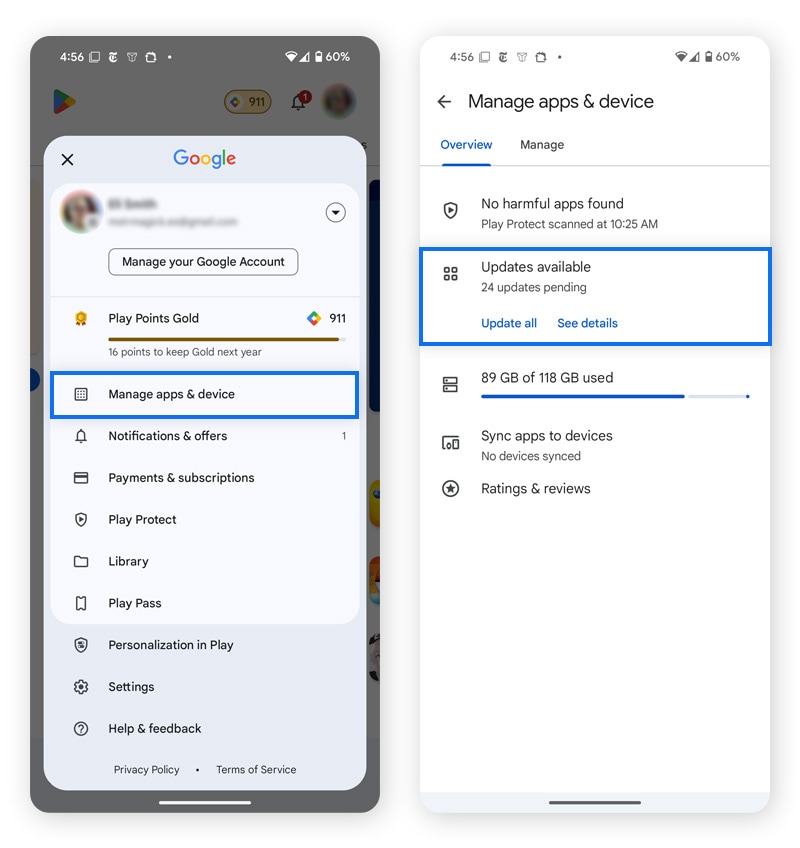 Screenshots showing how to navigate the Google Play Store to update apps.