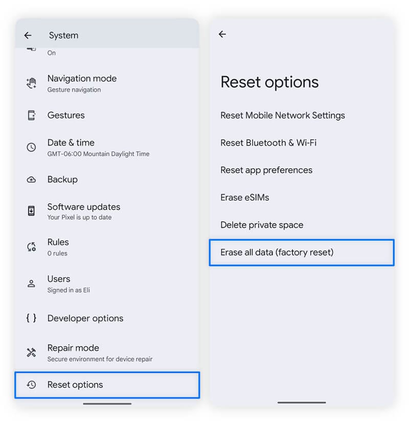 Screenshots showing how to navigate settings to factory reset an Android.