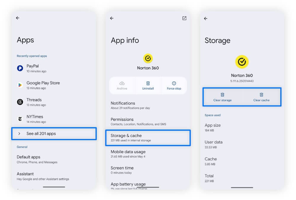 Screenshots showing how to clear Android app cache and data.
