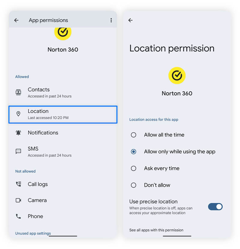 Screenshots showing how to change location permissions on an app.