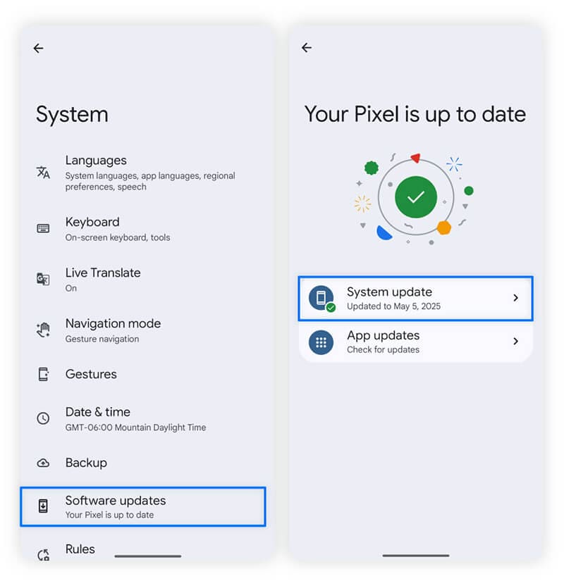 Screenshots showing how to navigate Android settings to update the operating system.