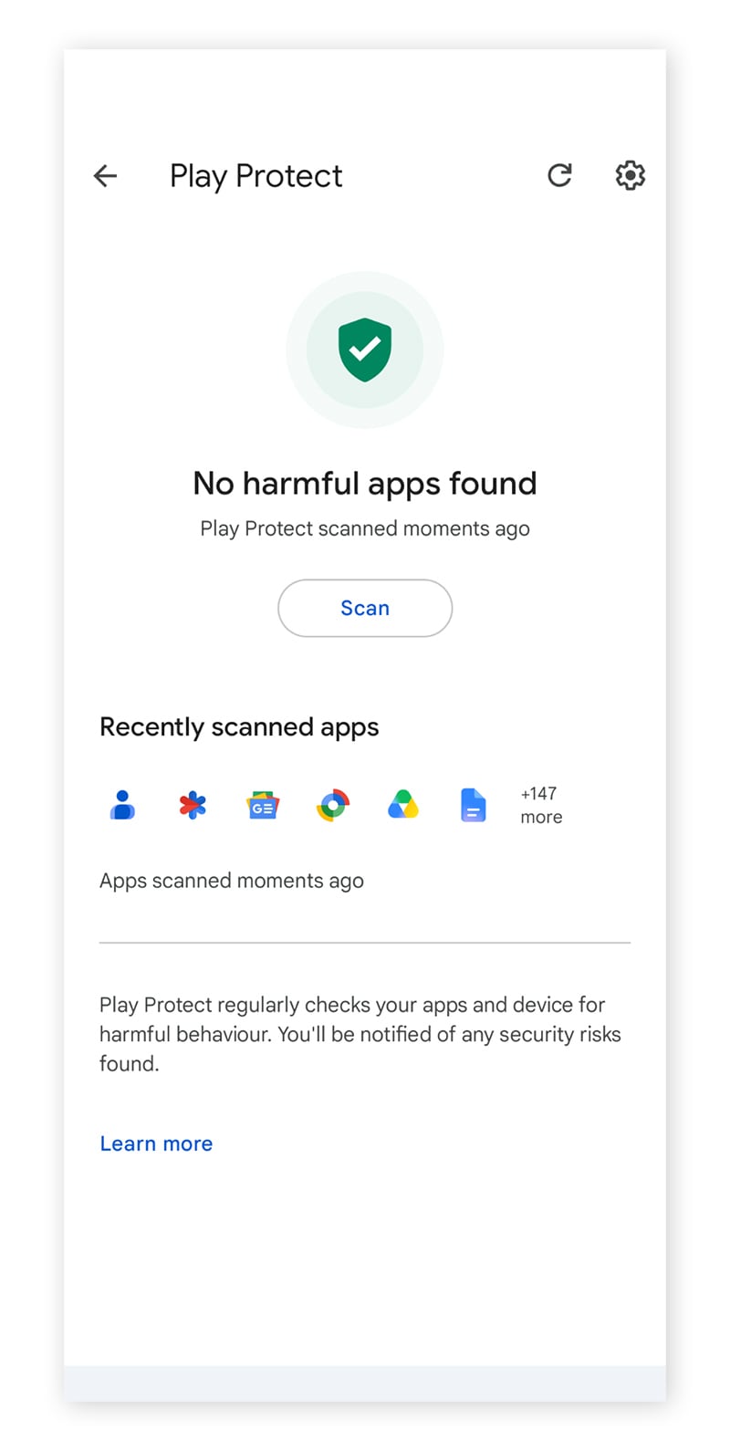 A screenshot of the Google Play Protect scan feature on Android.