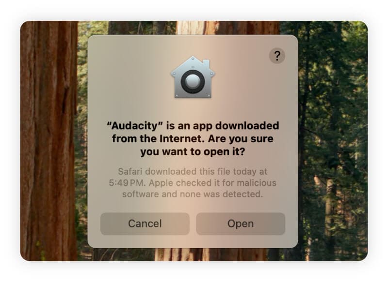 A screenshot of the warning that appears in macOS when you download an app from a third-party website, but the vendor is known.