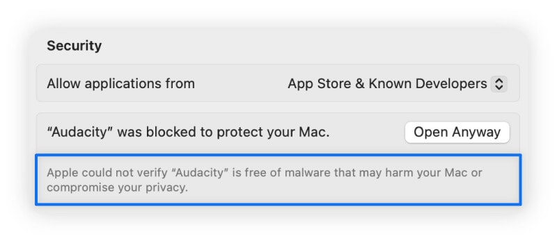 The message that appears in System Settings when you override Gatekeeper to allow a third-party app to run.
