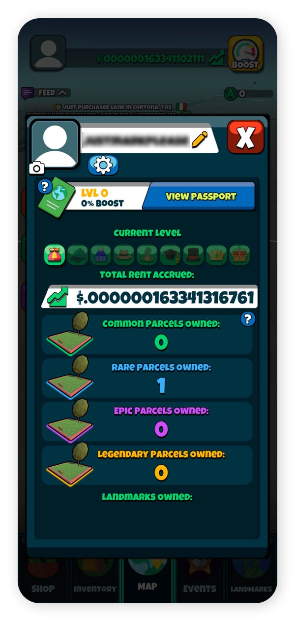 Screenshot of accruing rent in Atlas Earth.