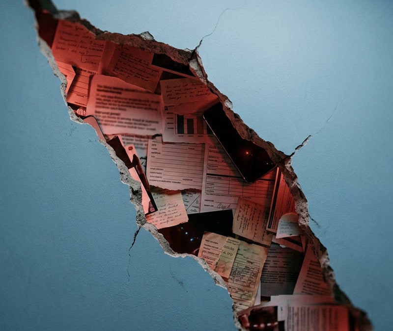 A light blue wall with a large tear, revealing layered papers and documents illuminated by warm, reddish light.