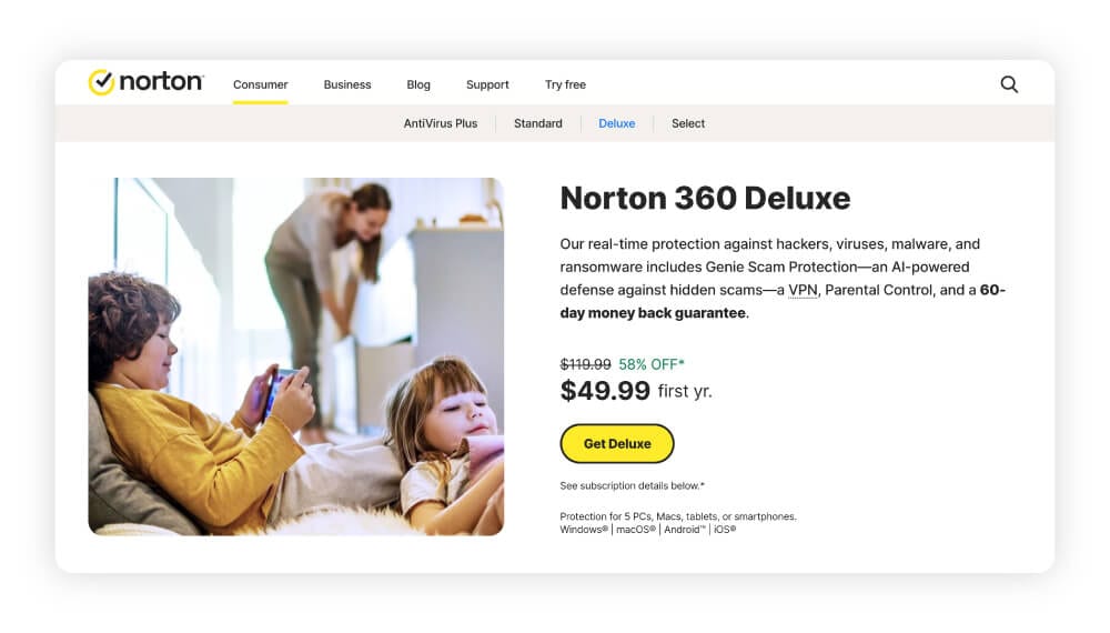 Screenshot of Norton 360 Deluxe homescreen.