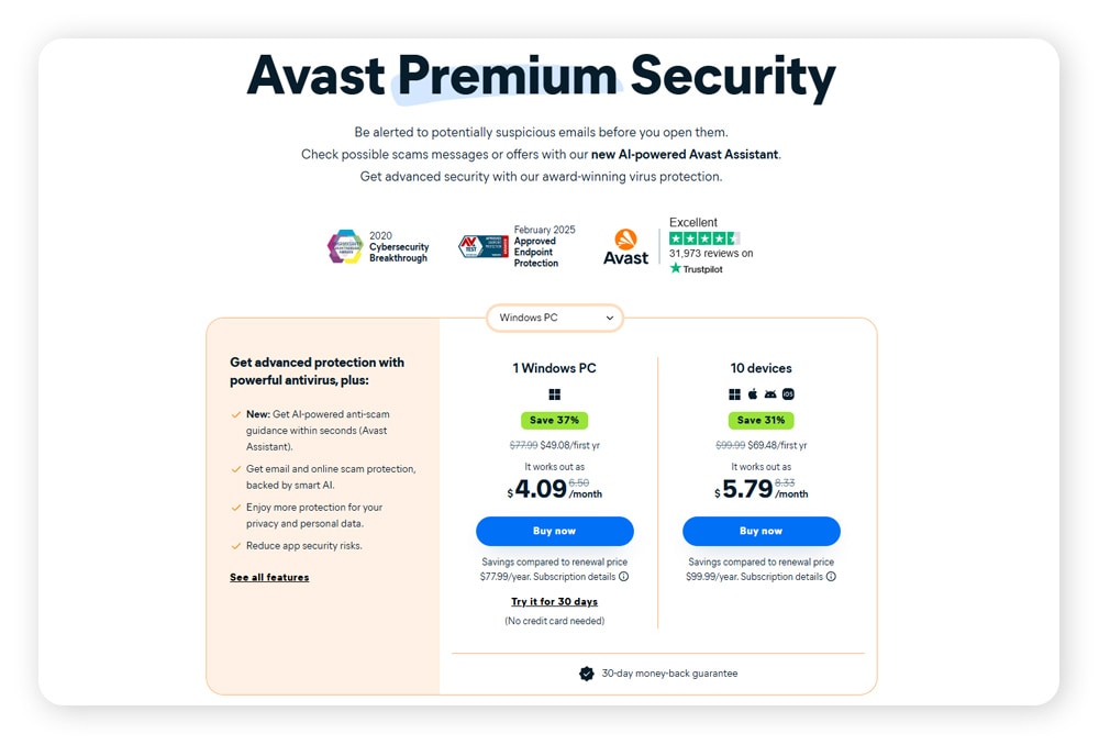 Screenshot of Avast Premium Security homescreen.