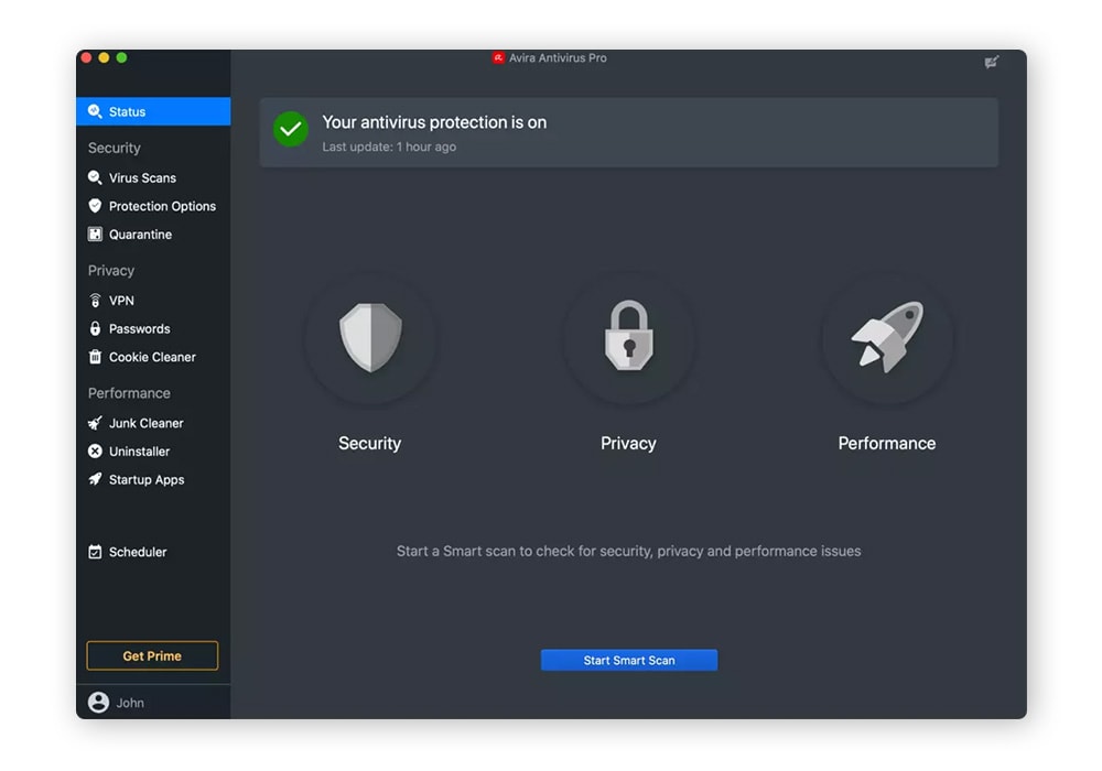 The Avira Antivirus Pro app showing that malware protection is on.