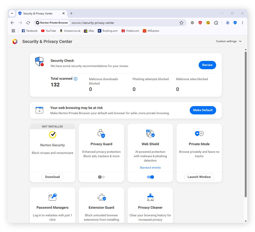 Screenshot of the Security and Privacy Center of Norton Private Browser.