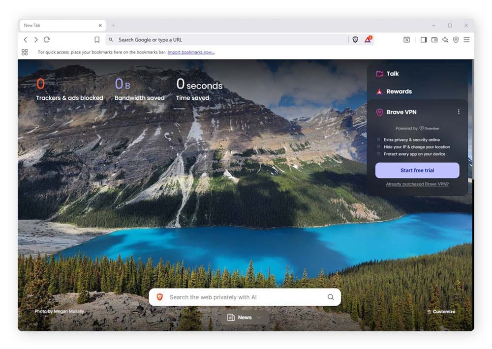 Screenshot of the Brave browser home page.