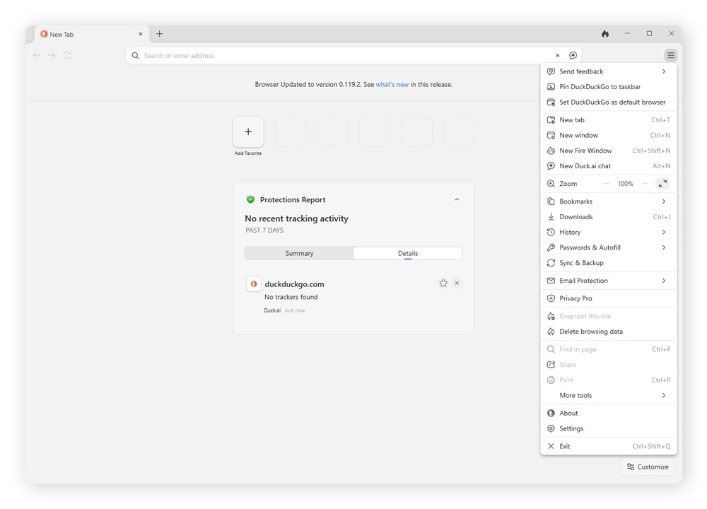 Screenshot of the DuckDuckGo browser’s home page.