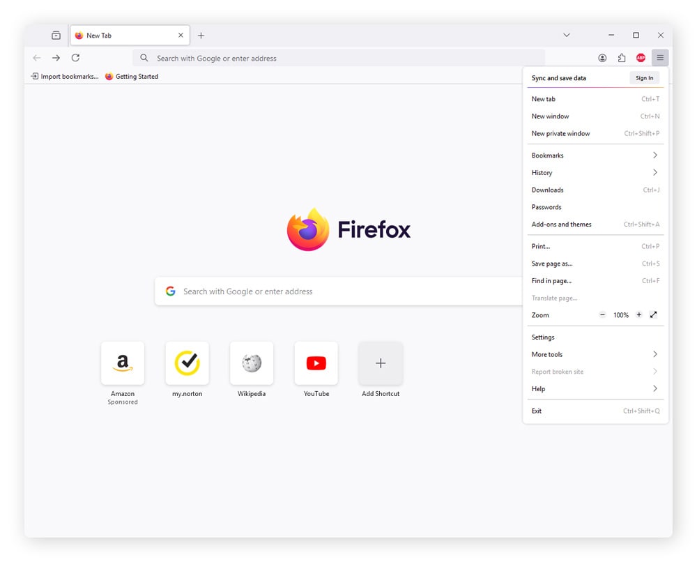 Screenshot of the Firefox browser home page.