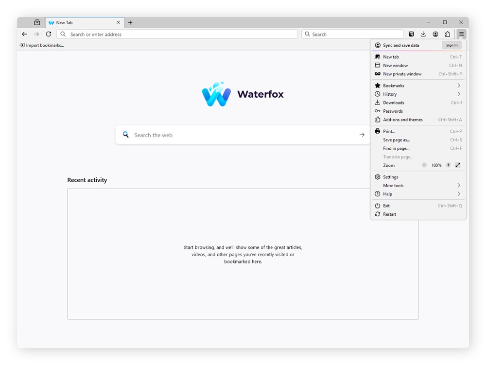 Screenshot of the home page of the Waterfox browser.