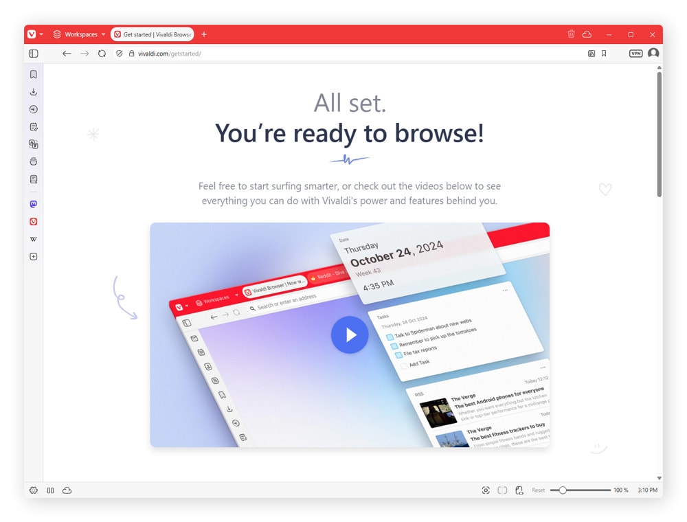 Screenshot of the Vivaldi browser home page.