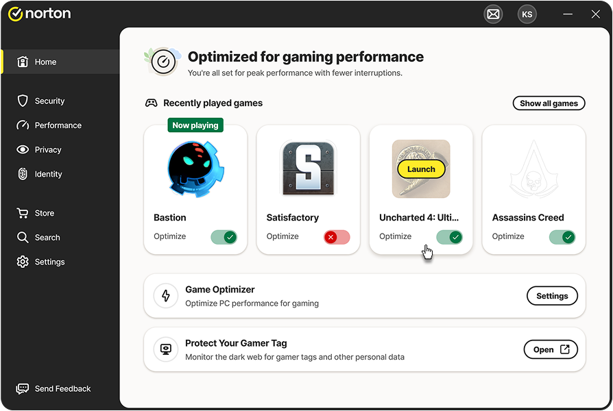 Screenshot of Norton 360 for Gamers in action.
