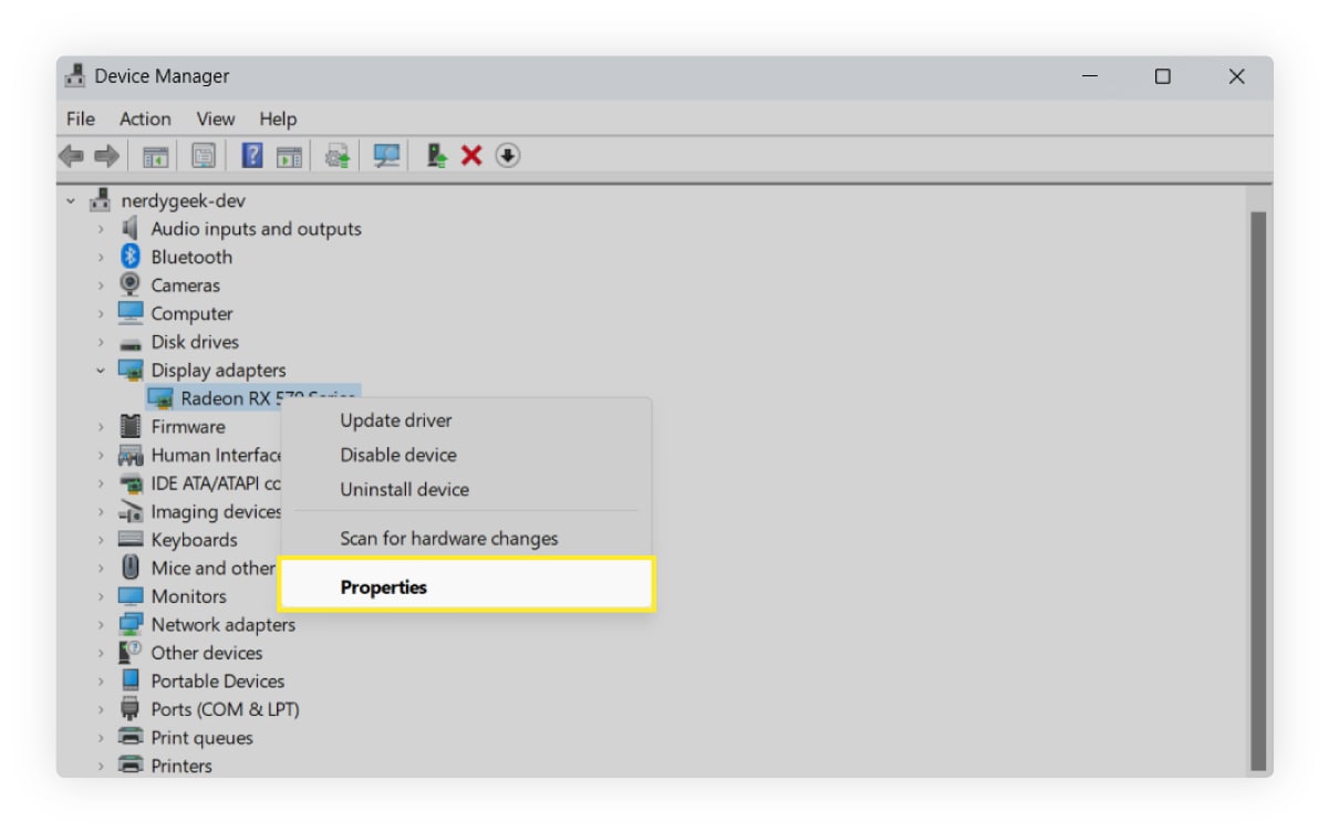 Opening "Properties" for a driver in Device Manager to roll back a recently updated driver.