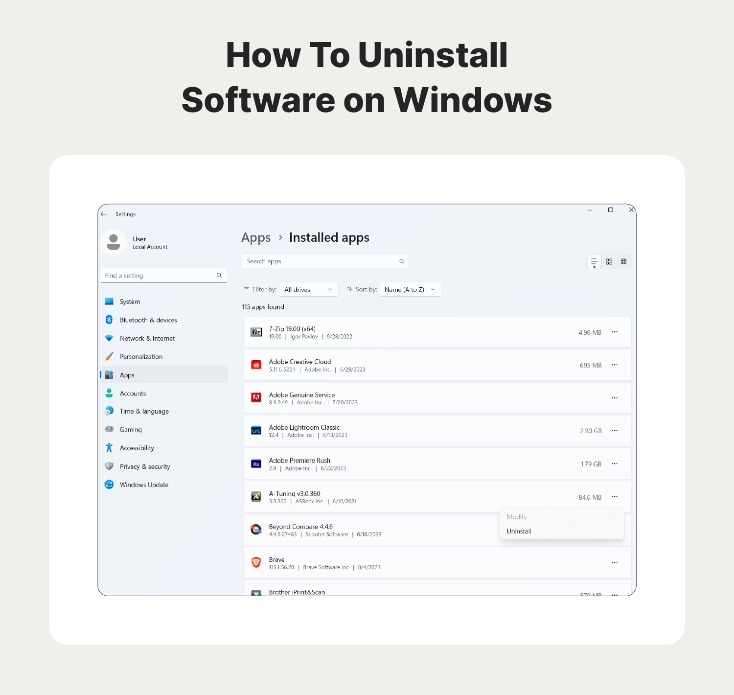 A graphic shows a screenshot to demonstrate how to uninstall software apps on a Windows computer.
